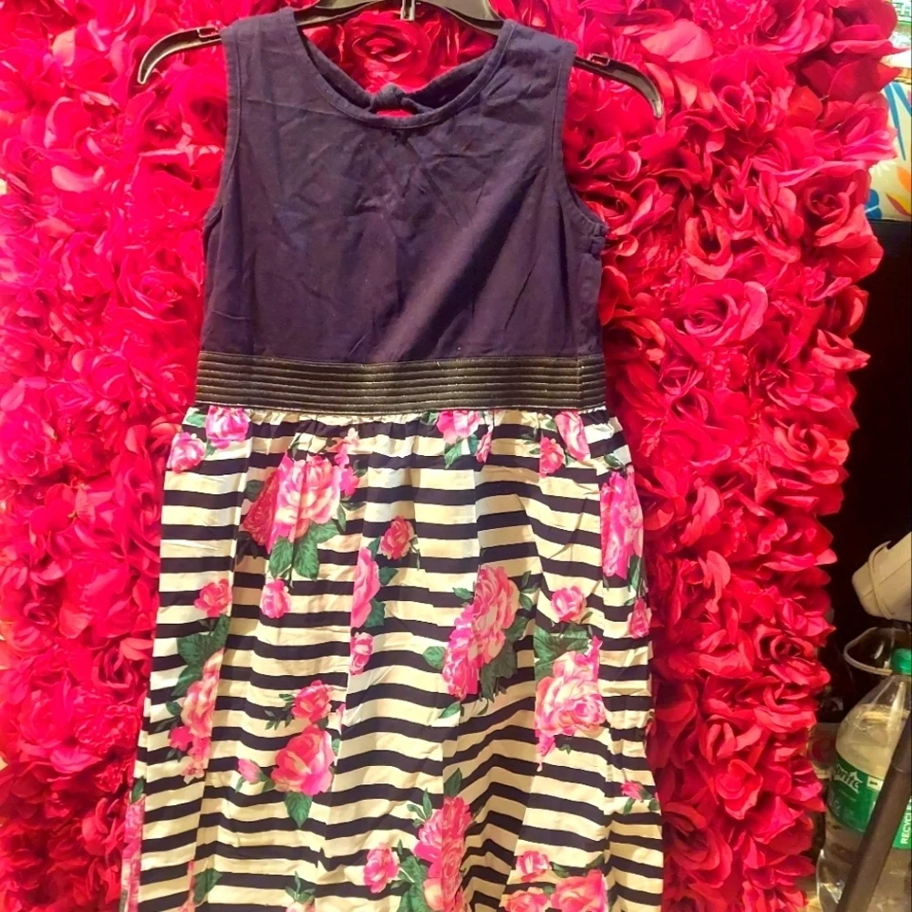 LA Conduct Girls Size XL Black Tank Dress with Horiz Striped/ Rose Detail Bottom